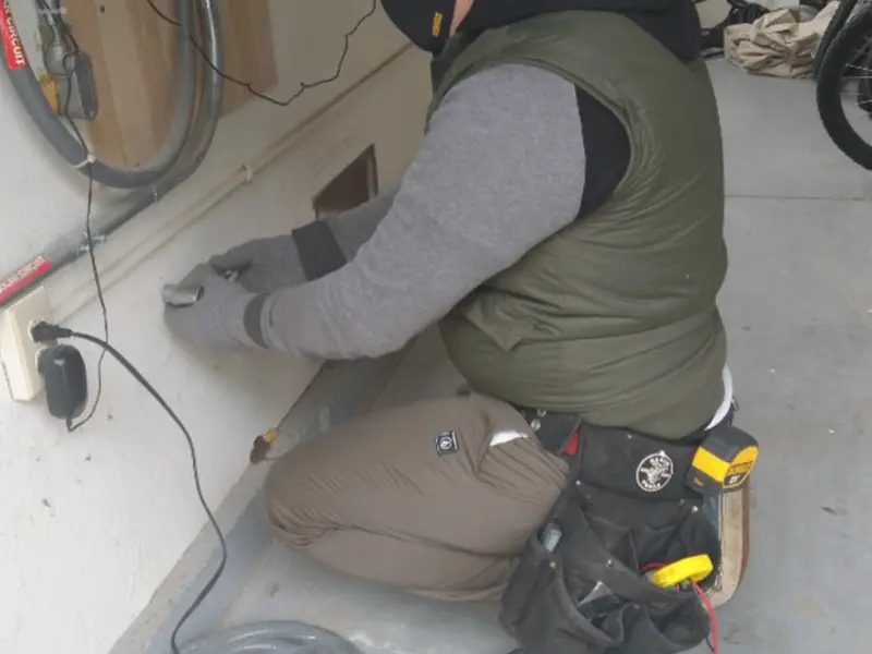 Electrician performing outlet wiring in a Camden garage